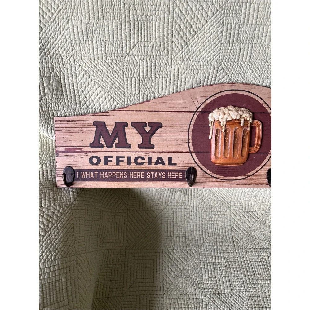 My Bar Official Rules Rustic Wood Wall Sign Beer Mug 4 Hooks 24